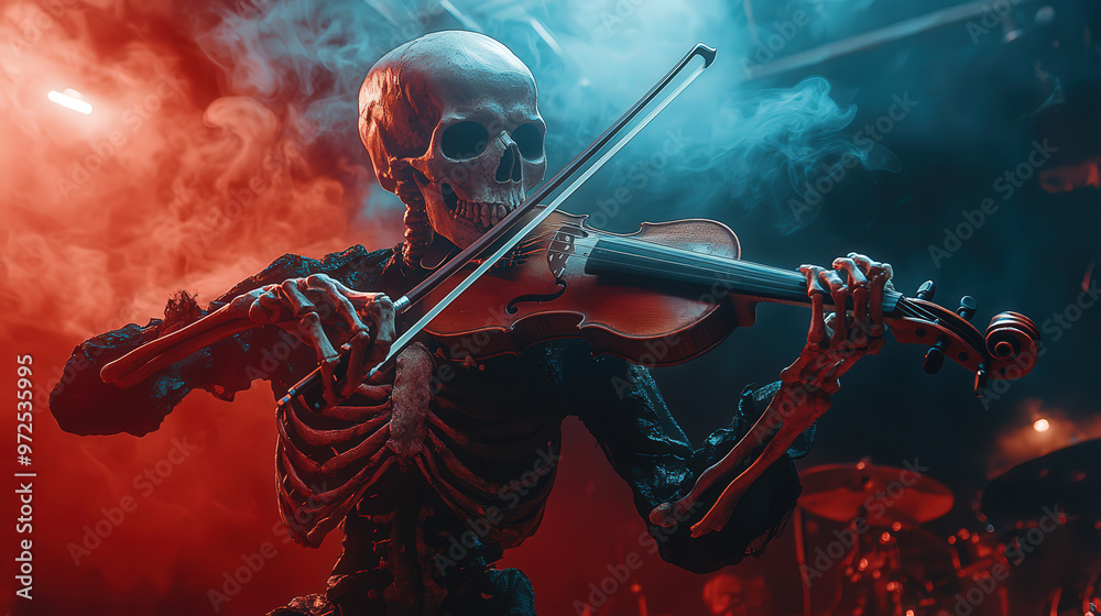 Skeleton playing an eerie violin solo on a haunted stage Skeleton playing an eerie violin solo on a haunted stage