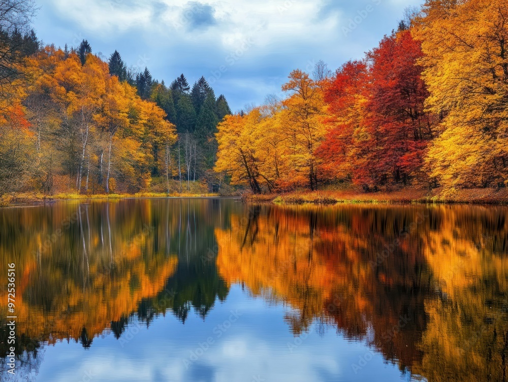 A serene autumn landscape with colorful trees reflecting in a calm lake under a cloudy sky. A serene autumn landscape with colorful trees reflecting in a calm lake under a cloudy sky.