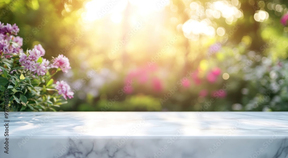 A serene garden scene with a marble tabletop and blooming flowers in soft sunlight. A serene garden scene with a marble tabletop and blooming flowers in soft sunlight.