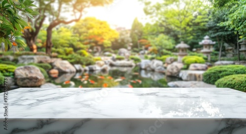 A serene garden view with a marble tabletop in the foreground and a tranquil pond behind.