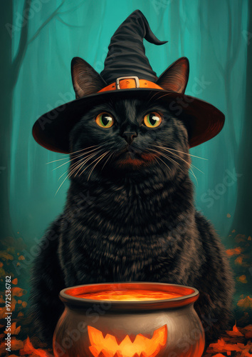 Cat in a witch hat sitting by a glowing cauldron in a spooky forest, [witch cat], [mysterious feline]  photo