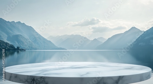 A serene landscape featuring a marble platform overlooking a tranquil lake and mountains.