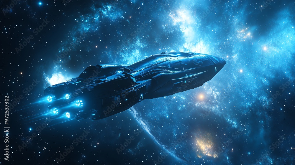 Fototapeta premium A futuristic spaceship flying through a starry nebula.