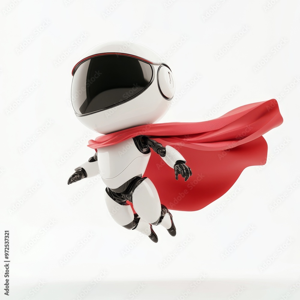 A chat bot robot in a red cape, AI support superhero 3D icon, AI-powered online support service A chat bot robot in a red cape, AI support superhero 3D icon, AI-powered online support service