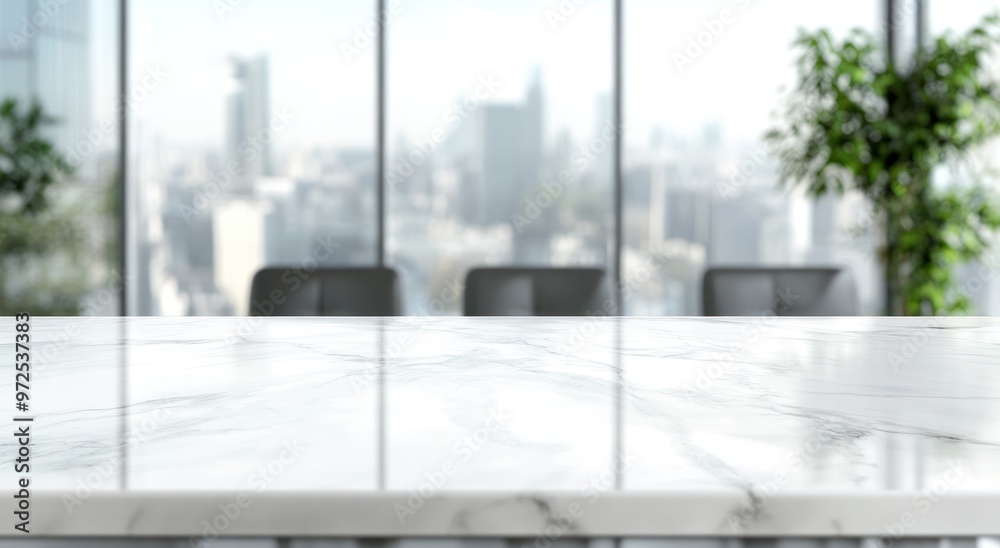 A modern conference room with a marble table and city view. A modern conference room with a marble table and city view.