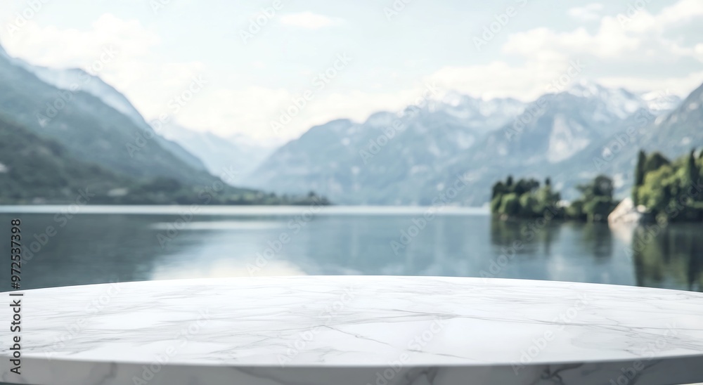 Obraz premium A serene lakeside view with a marble table in the foreground, ideal for showcasing products.