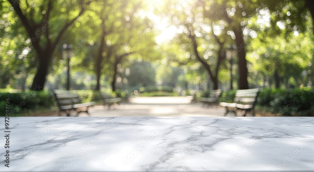 A serene park scene with a marble surface in the foreground and lush greenery in the background. A serene park scene with a marble surface in the foreground and lush greenery in the background.