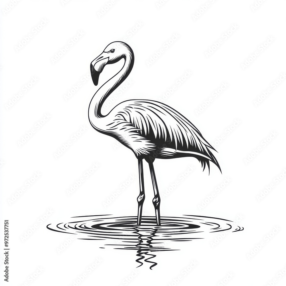 Fototapeta premium Illustration of a flamingo among foliage. Vintage sketch engravings and generative AI cartoon characters. Scratch board imitation.