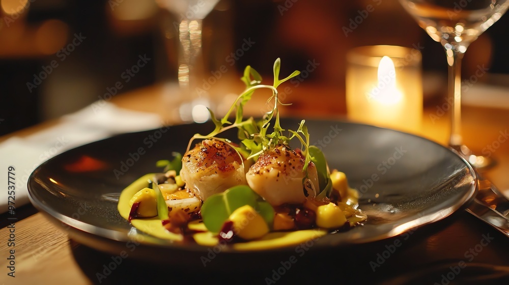 A beautifully plated dish of seared scallops with a yellow sauce and fresh herbs, ready to be enjoyed at a fine dining restaurant. A beautifully plated dish of seared scallops with a yellow sauce and fresh herbs, ready to be enjoyed at a fine dining restaurant.