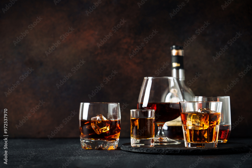 Strong alcohol drink. Whisky, rum, tequila, cognac at dark bar.