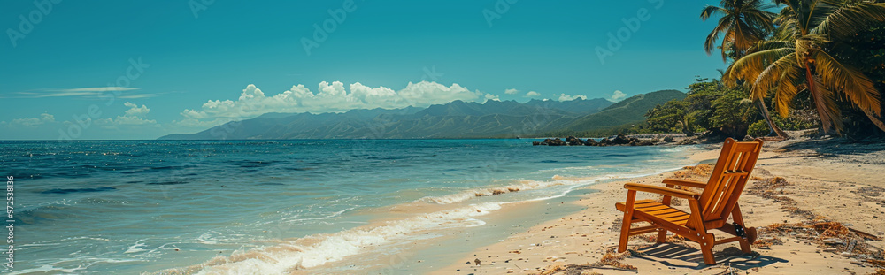 Serene Tropical Beach with Empty Wooden Chair by the Ocean and Beautiful Mountain Views Serene Tropical Beach with Empty Wooden Chair by the Ocean and Beautiful Mountain Views