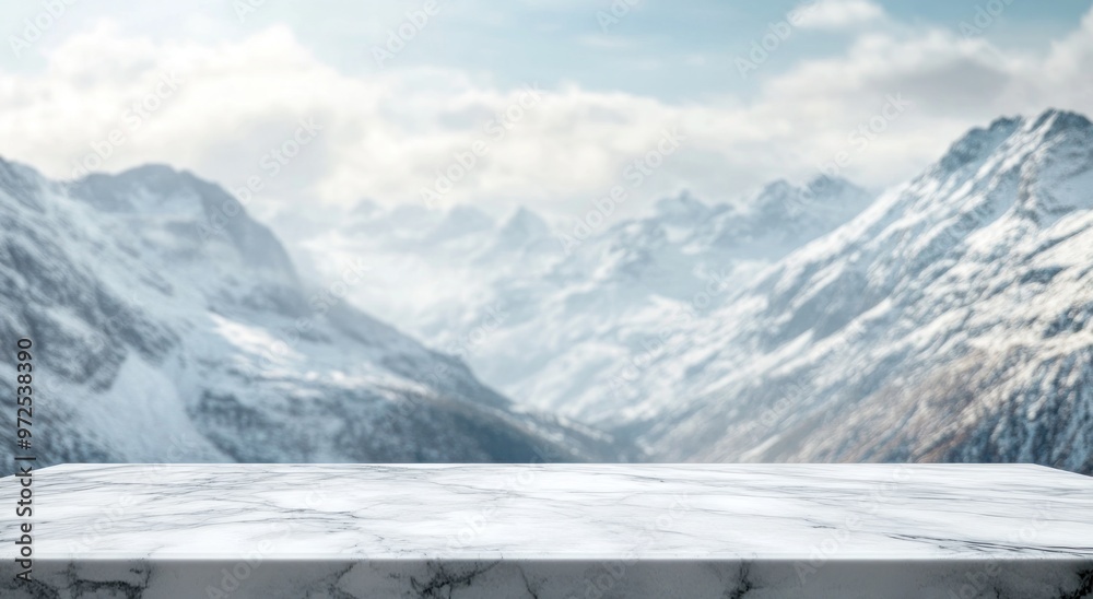 A marble countertop in front of a stunning snow-covered mountain landscape. A marble countertop in front of a stunning snow-covered mountain landscape.