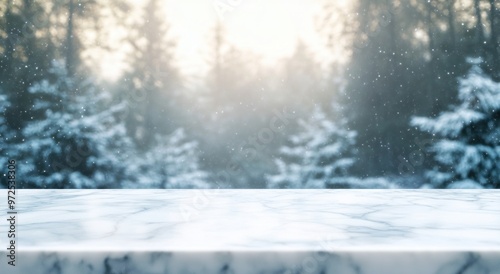 A serene winter scene with a marble surface in front of a snowy forest backdrop.