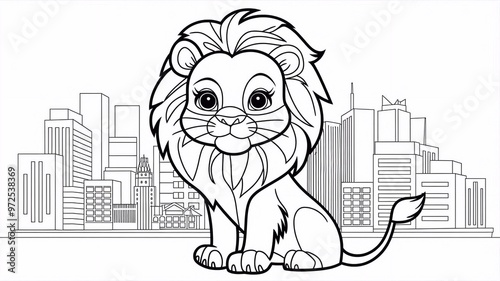 Coloring book pages with the image of a beautiful and cute LION in an urban area, in tall buildings. Black outline outline drawing, ruralfarm wildlife, kindergarten preschool illustration photo