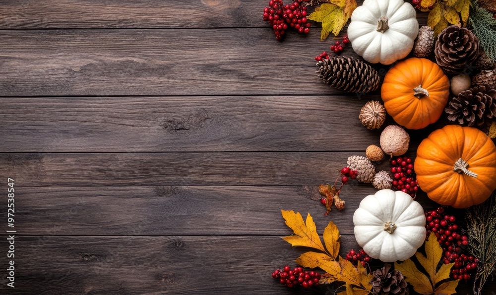 Rustic Autumn Themed Background with Pumpkins, Leaves, Berries, and Pine Cones on Dark Wood Rustic Autumn Themed Background with Pumpkins, Leaves, Berries, and Pine Cones on Dark Wood