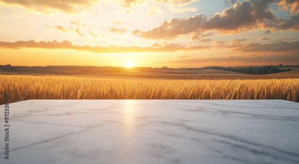A serene sunset over a golden wheat field, with a marble surface in the foreground. A serene sunset over a golden wheat field, with a marble surface in the foreground.