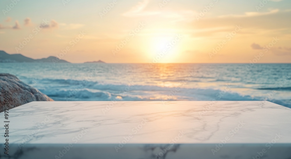 A serene sunset over the ocean with a marble table in the foreground. A serene sunset over the ocean with a marble table in the foreground.