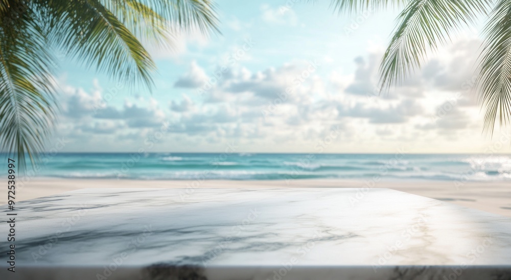 A serene beach scene with palm trees and a marble surface overlooking the ocean. A serene beach scene with palm trees and a marble surface overlooking the ocean.
