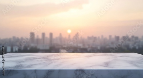 A marble countertop with a sunset cityscape blurred in the background.