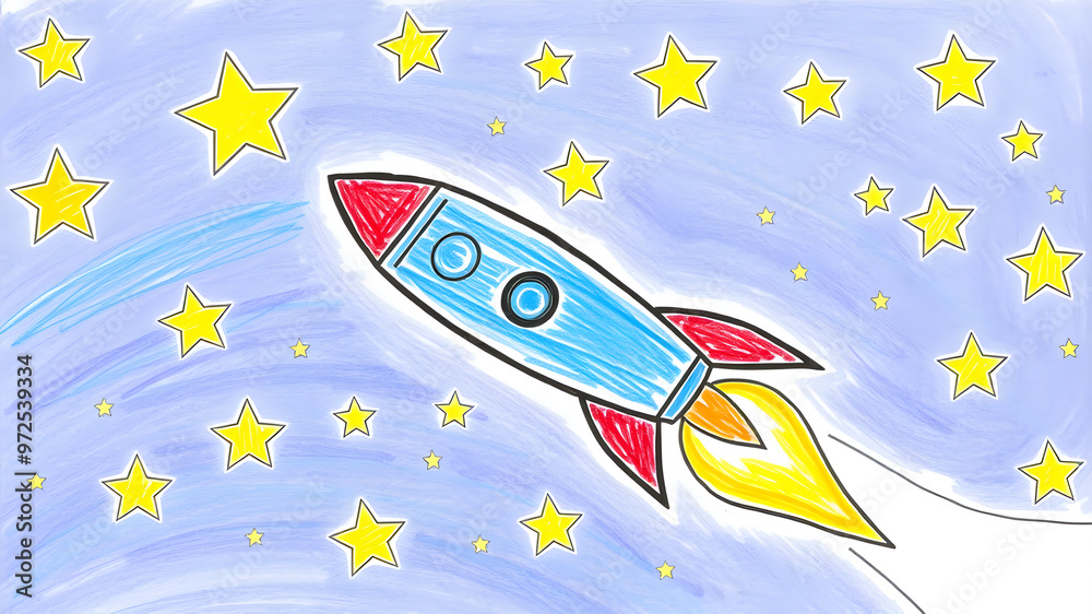 Fototapeta premium A colorful drawing of a rocket flying through a star-filled space. Generative AI
