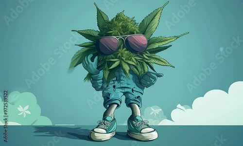 Flacher Cartoon eines Marihuana-Nuggets mit Sonnenbrille und Turnschuhen