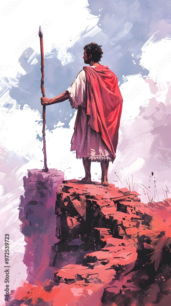 Fototapeta premium Man in Red Cloak Standing on a Cliff Edge