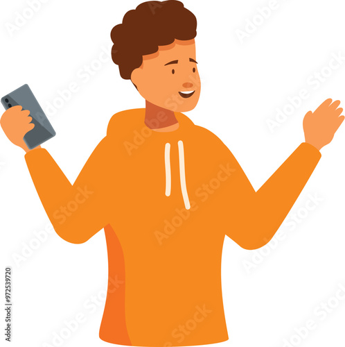 Young man is holding a smartphone, smiling, and gesturing with his hand as if he is describing something to someone on a video call