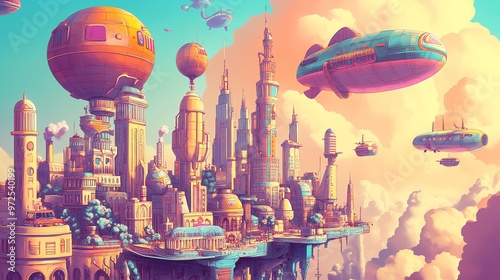 A whimsical futuristic city floating among the clouds with airships flying overhead.