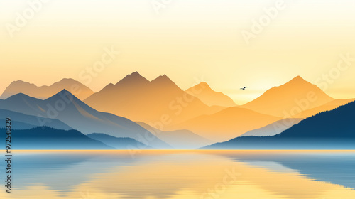 A serene mountain landscape at dawn, where the sun rises softly behind jagged peaks, casting long shadows across the water. The scene is tranquil, with a lone bird gliding through