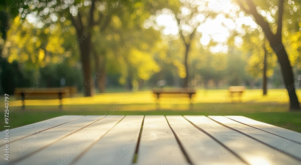 A serene park scene with a wooden table in the foreground and lush trees in the background.