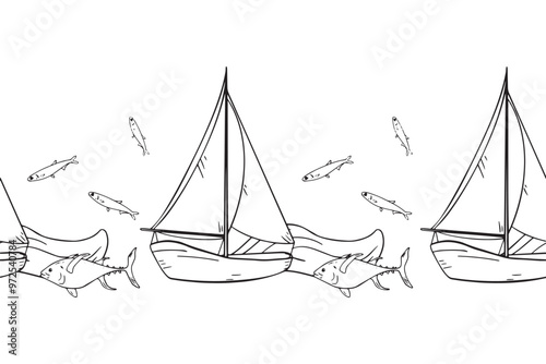 Vector Seamless border monochrome of fishing boats isolated. Fish anchovy, big fish and sailboat on wave black and white graphic hand drawn repeating banner. Childish nautical design by outline.