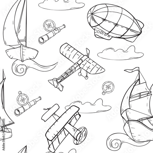 Sailing ship, dirigible and airplane vector seamless pattern monochrome isolated. Black and white graphic hand drawn repeating design of adventure vintage style. Child contour transport background.