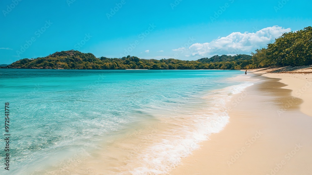 A tranquil, tropical beach scene with a lone figure walking along the white sand shoreline. A tranquil, tropical beach scene with a lone figure walking along the white sand shoreline.
