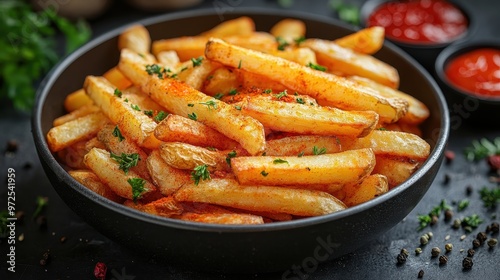 Top view of fried French fries in a pan with spices and oil on a dark background, flat lay style, ideal for design or banner with text, stock photography