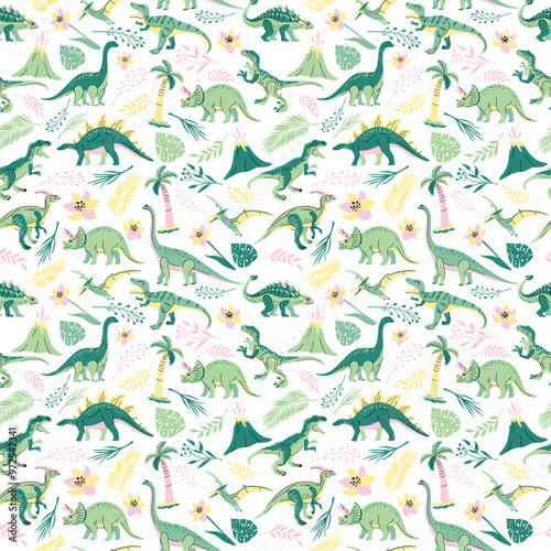 Seamless pattern with bright dinosaurs and green plants including T-rex, Brontosaurus, Triceratops, Velociraptor, Pteranodon, Allosaurus, etc. Isolated on white