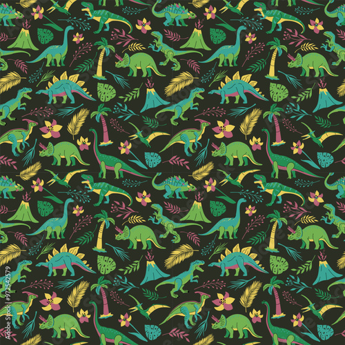 Seamless pattern with bright dinosaurs and green plants including T-rex, Brontosaurus, Triceratops, Velociraptor, Pteranodon, Allosaurus, etc. Isolated on dark background