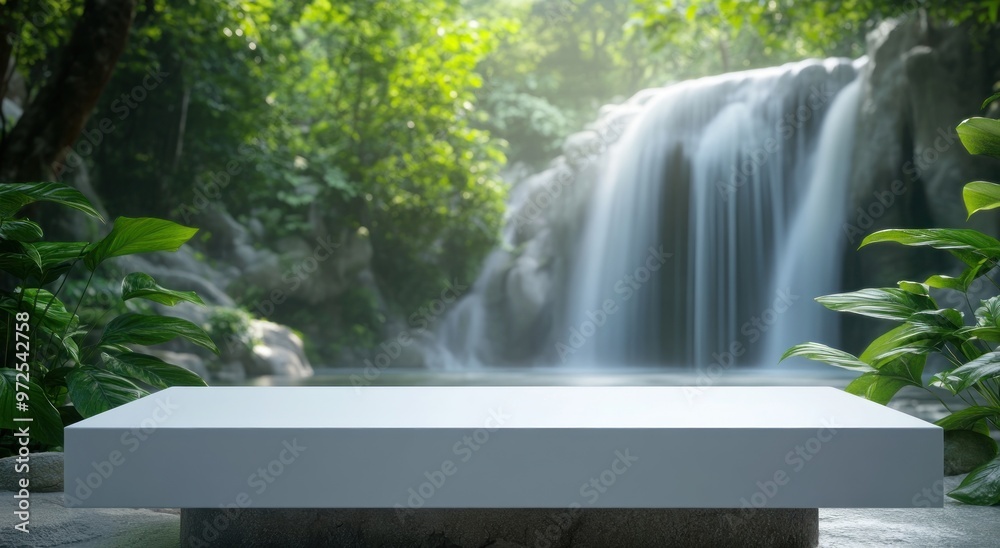 A serene waterfall scene with a blank platform for presentations or displays. A serene waterfall scene with a blank platform for presentations or displays.