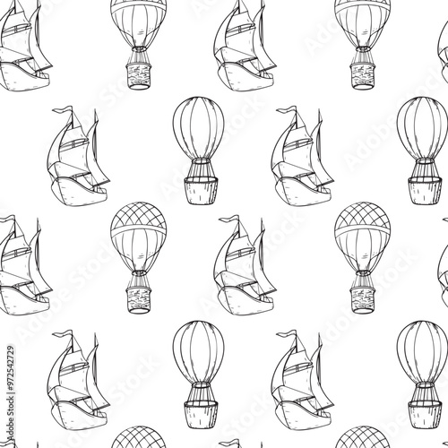 Hot air balloons and sailing ships black and white vector graphic seamless pattern. Monochrome boat, aerostat vintage repeating texture hand drawn by ink. Line art transport on endless background.