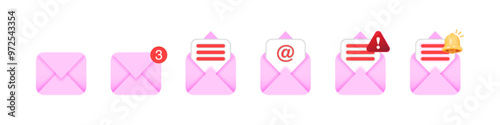 3D Pink Envelope Icon Set: Open and Close Envelopes with Bell, Check Mark, and Exclamation Mark for Email Notifications and Send Messages. Vector.