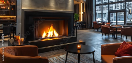 Warm hotel lounge near reception with a fireplace, designed for comfort and warmth.