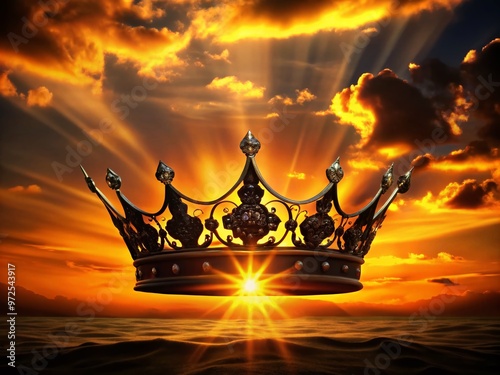 Dark majestic crown silhouette stands proudly against a vibrant orange sunset sky, symbolizing power, luxury, and