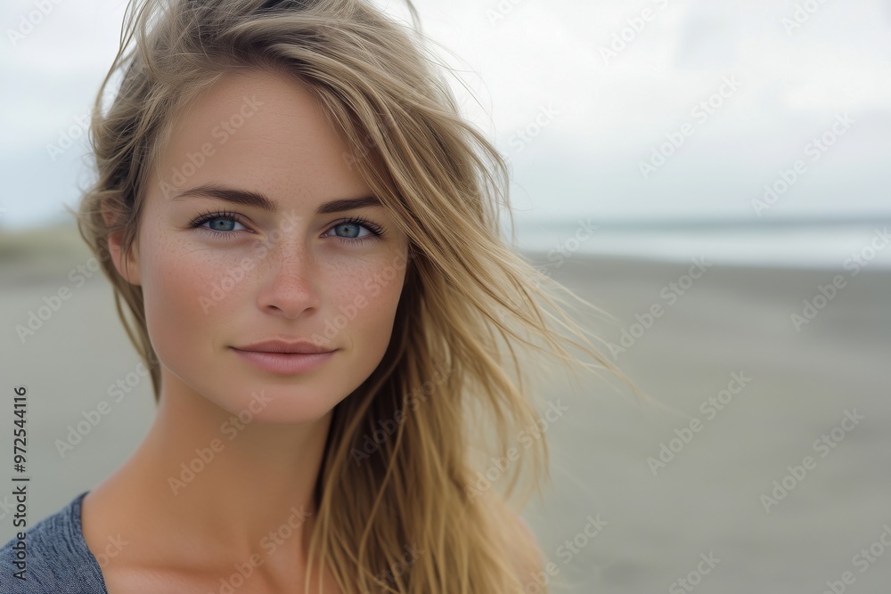 A natural portrait of a young woman with long blonde hair standing on a beach, looking confidently into the camera. A natural portrait of a young woman with long blonde hair standing on a beach, looking confidently into the camera.
