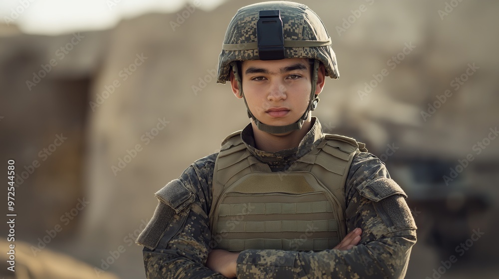 Central Asian Male Soldier in Military Uniform, Arms Crossed, Desert Background, Security and Defense Concept Central Asian Male Soldier in Military Uniform, Arms Crossed, Desert Background, Security and Defense Concept