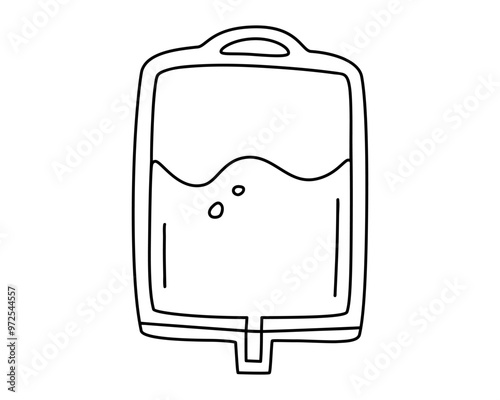 Hand drawn cute outline illustration of blood bag. Flat vector transfusion and blood donation in line art doodle style. Charity, donor, medicine sticker, icon or print. Isolated on white background.