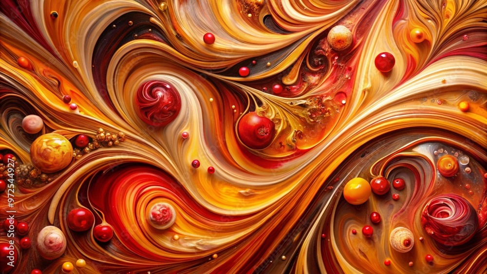 Warm Red and Gold Swirling Abstract with Fruit Details Warm Red and Gold Swirling Abstract with Fruit Details