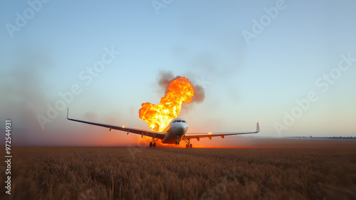 An airplane crashes amidst a field and ignites in flames during a dramatic emergency landing. Generative AI photo