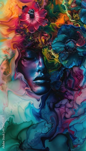 Abstract Portrait with Flowers and Swirling Colors