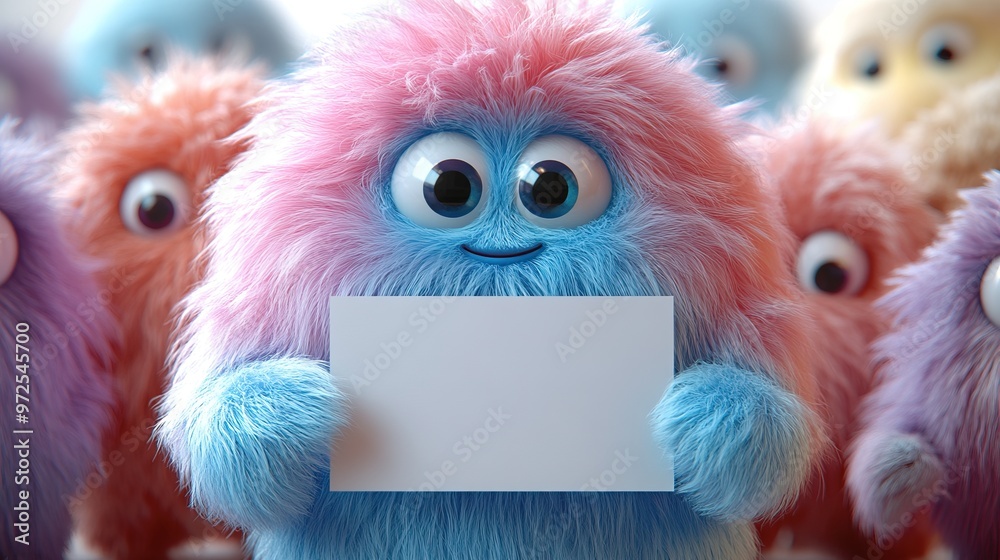 Fototapeta premium 3d rendering colorful hairy yeti holds blank page mockup furry bigfoot toy with empty banner funny monster cartoon character isolate3d on white background