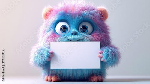 3d rendering colorful hairy yeti holds blank page mockup furry bigfoot toy with empty banner funny monster cartoon character isolate3d on white background