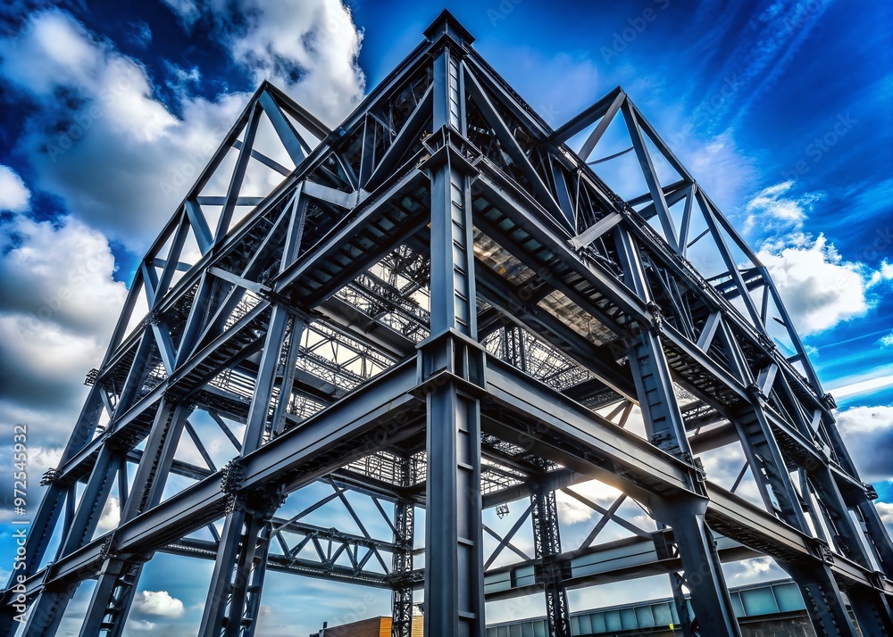 Dark, sleek, and majestic black metal steel structure rises from the ground, its angular lines and rugged texture Dark, sleek, and majestic black metal steel structure rises from the ground, its angular lines and rugged texture